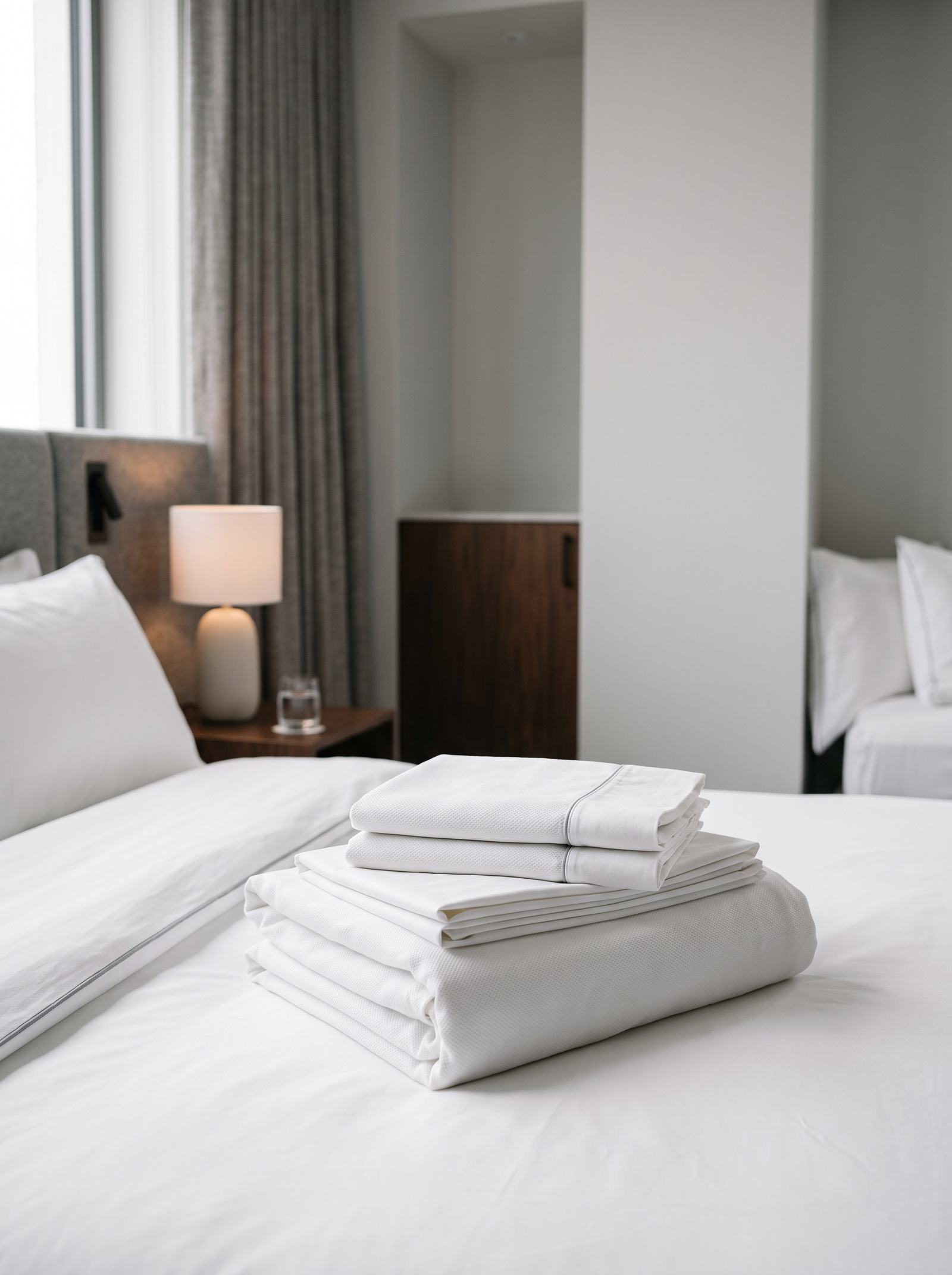 Enxoval de cama dobrado sobre a cama arrumada