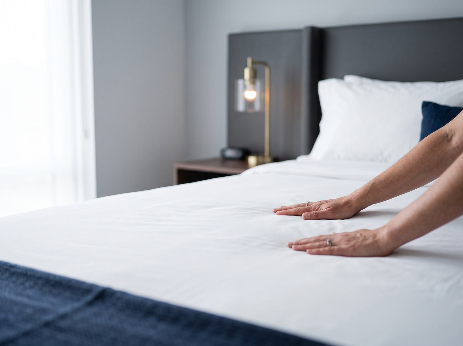Camareira arrumando a cama do apartamento